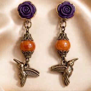 Handmade Hummingbird Earrings Purple Rose Orange Bead Vintage Style Artisan Jewe